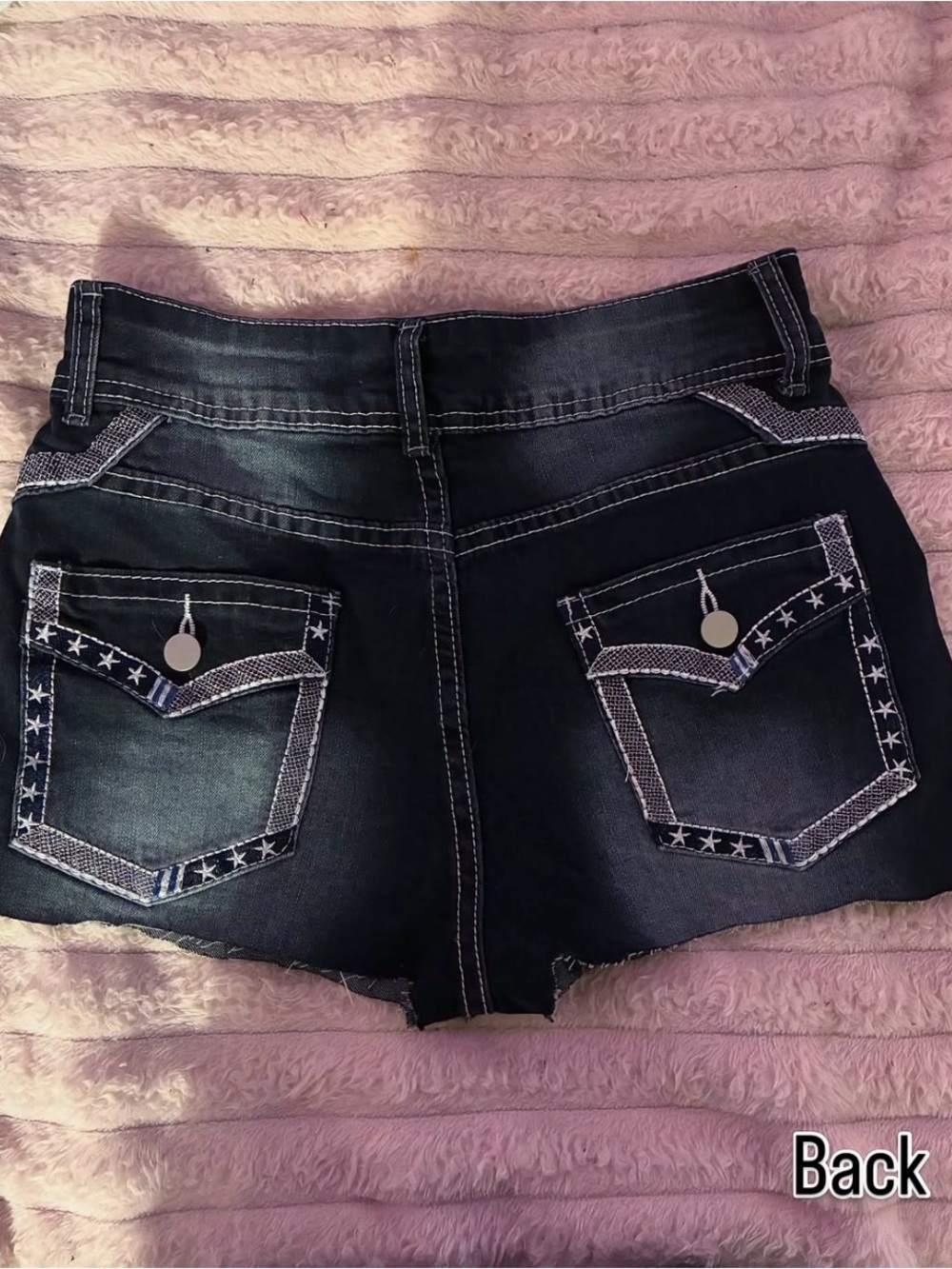 Dark Blue Denim Women's Shorts with Star-Trim Back Pockets